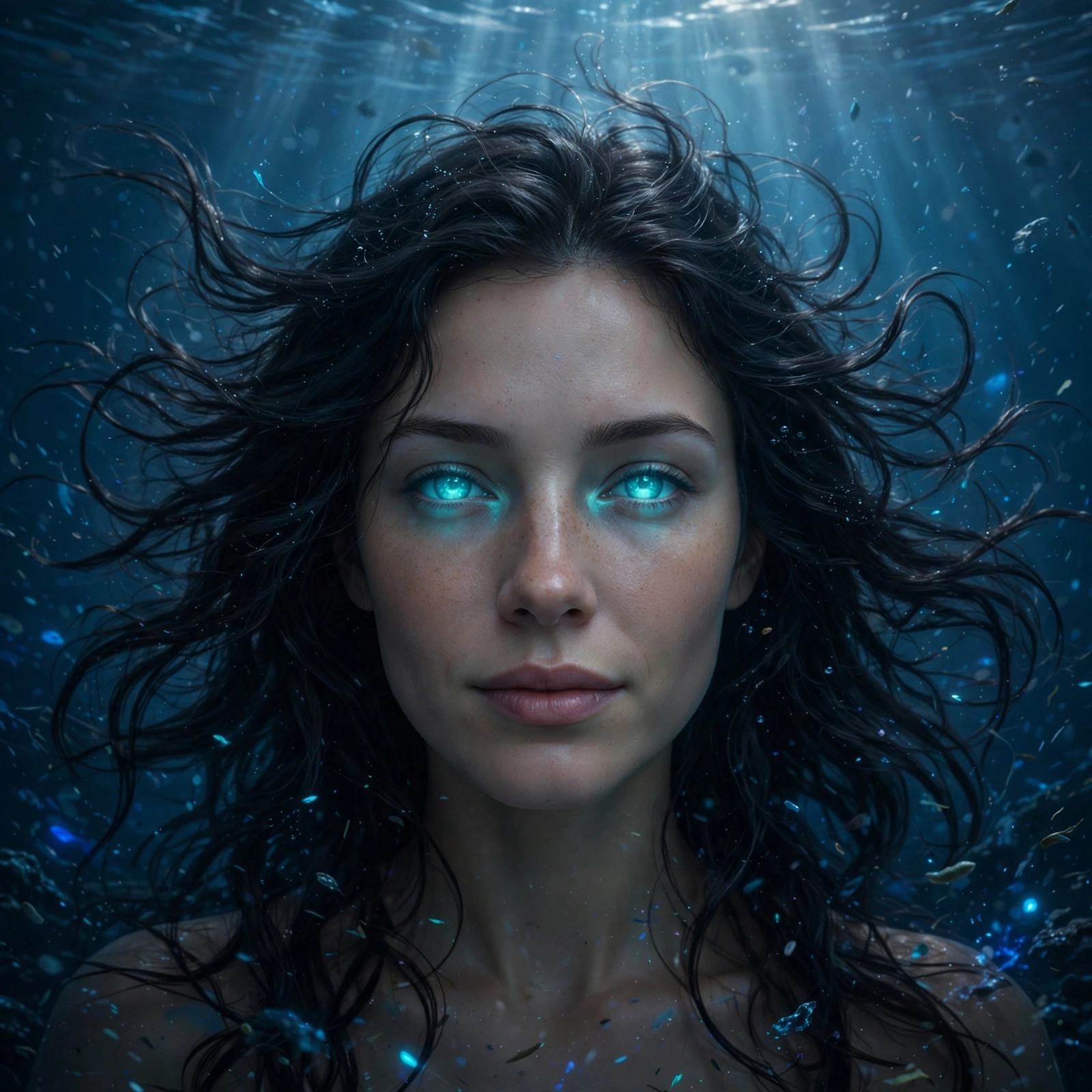 Erica underwater with bioluminescent eyes