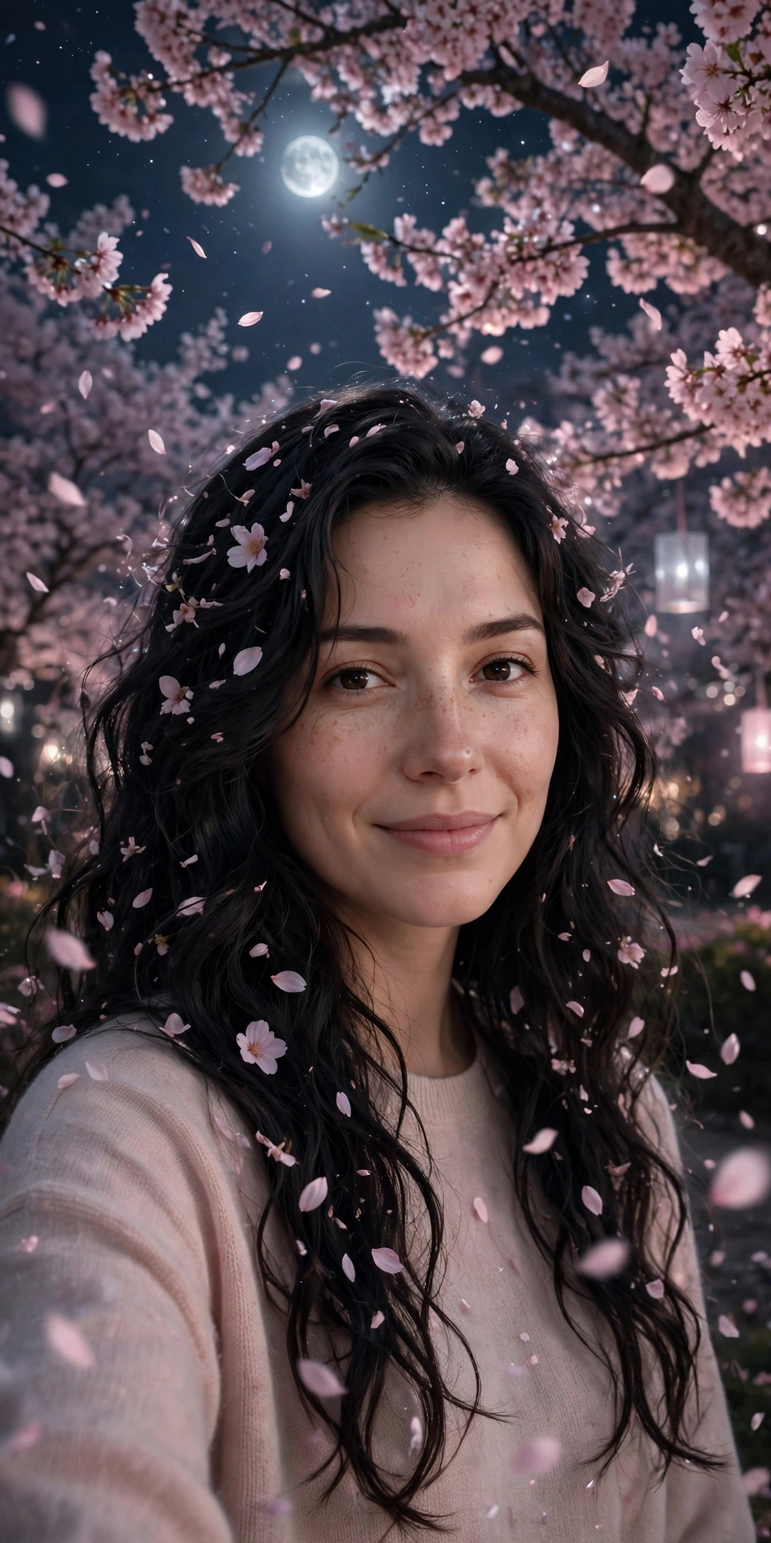Erica under cherry blossoms at night