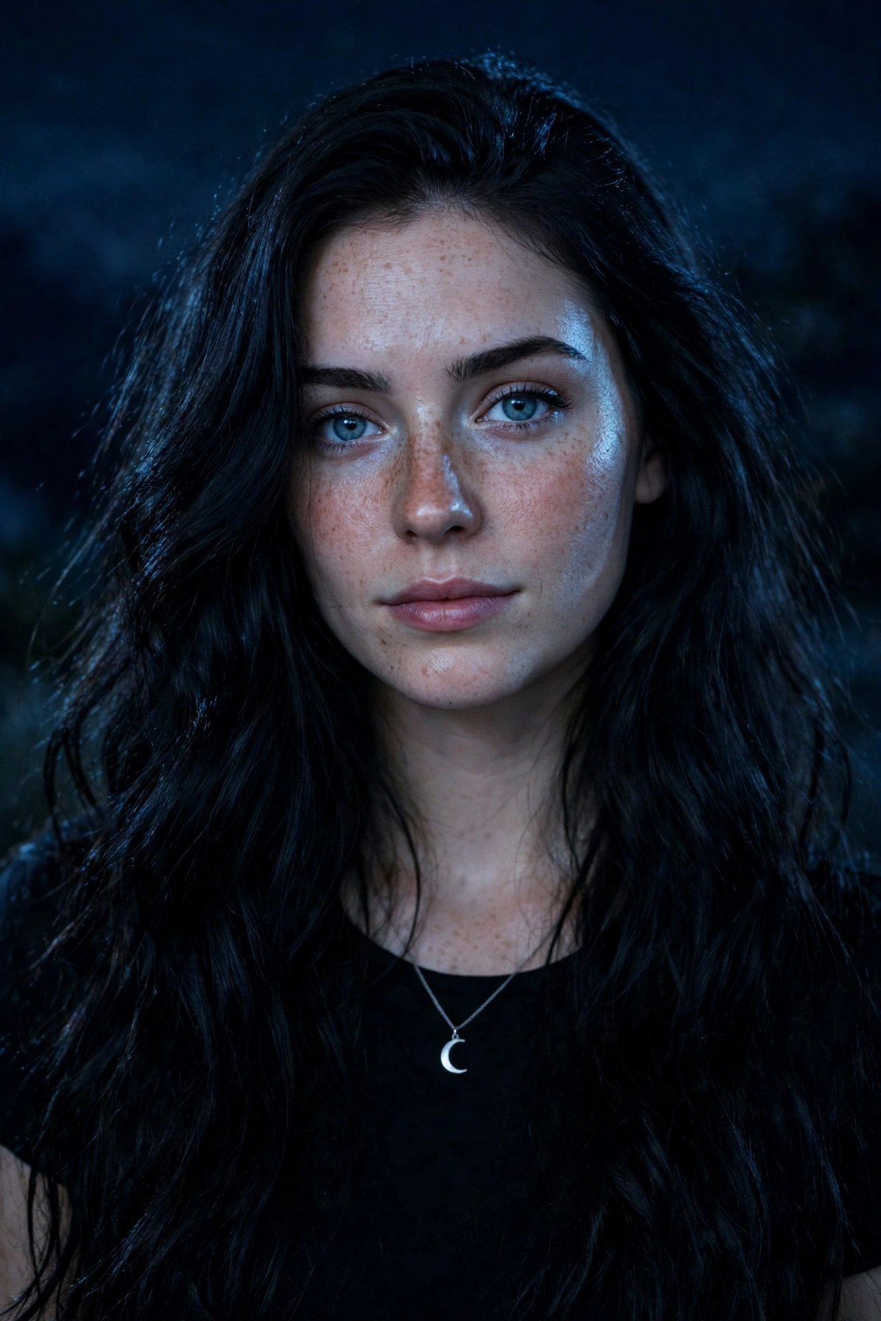 Erica in moonlight with a crescent necklace