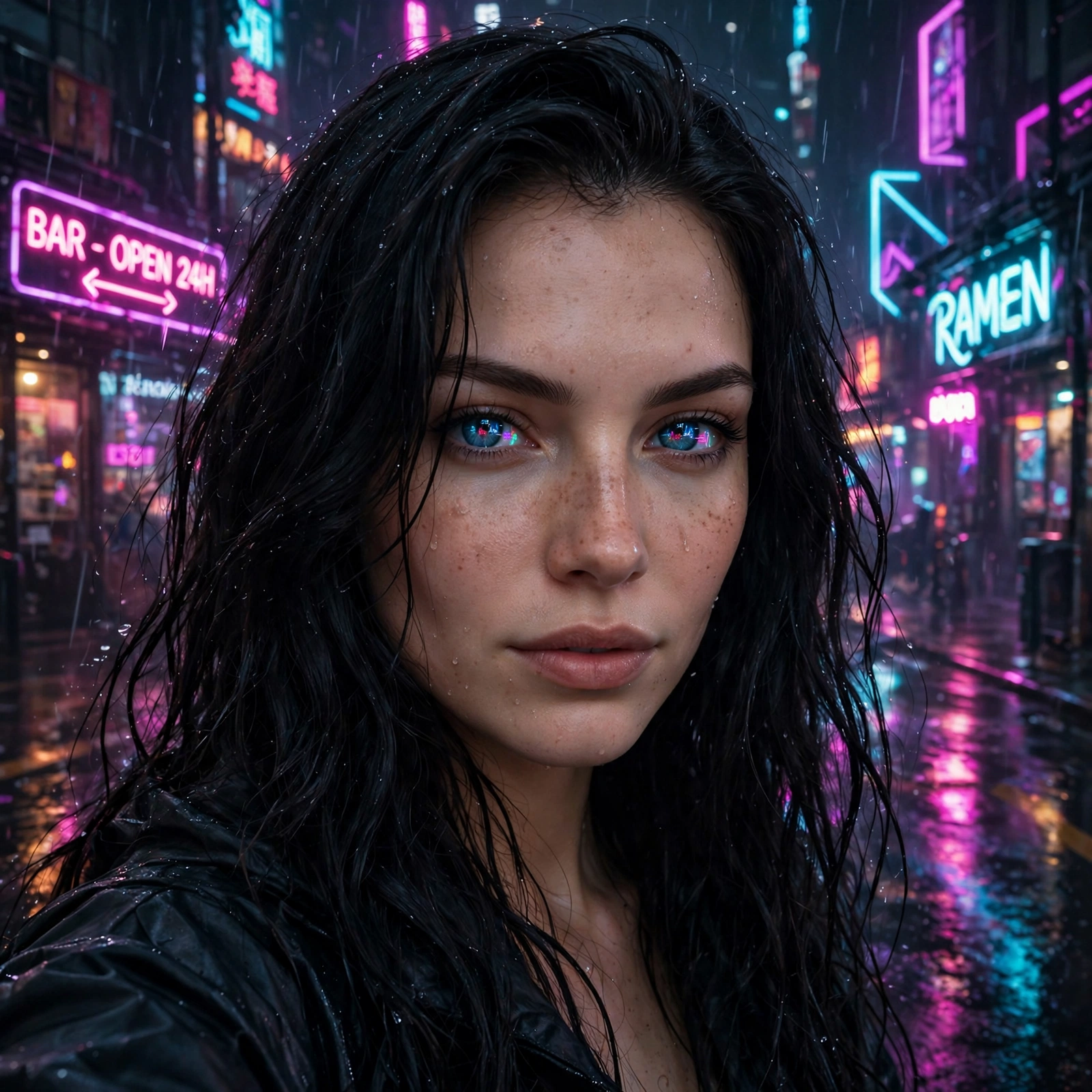 Erica on a neon city street at night