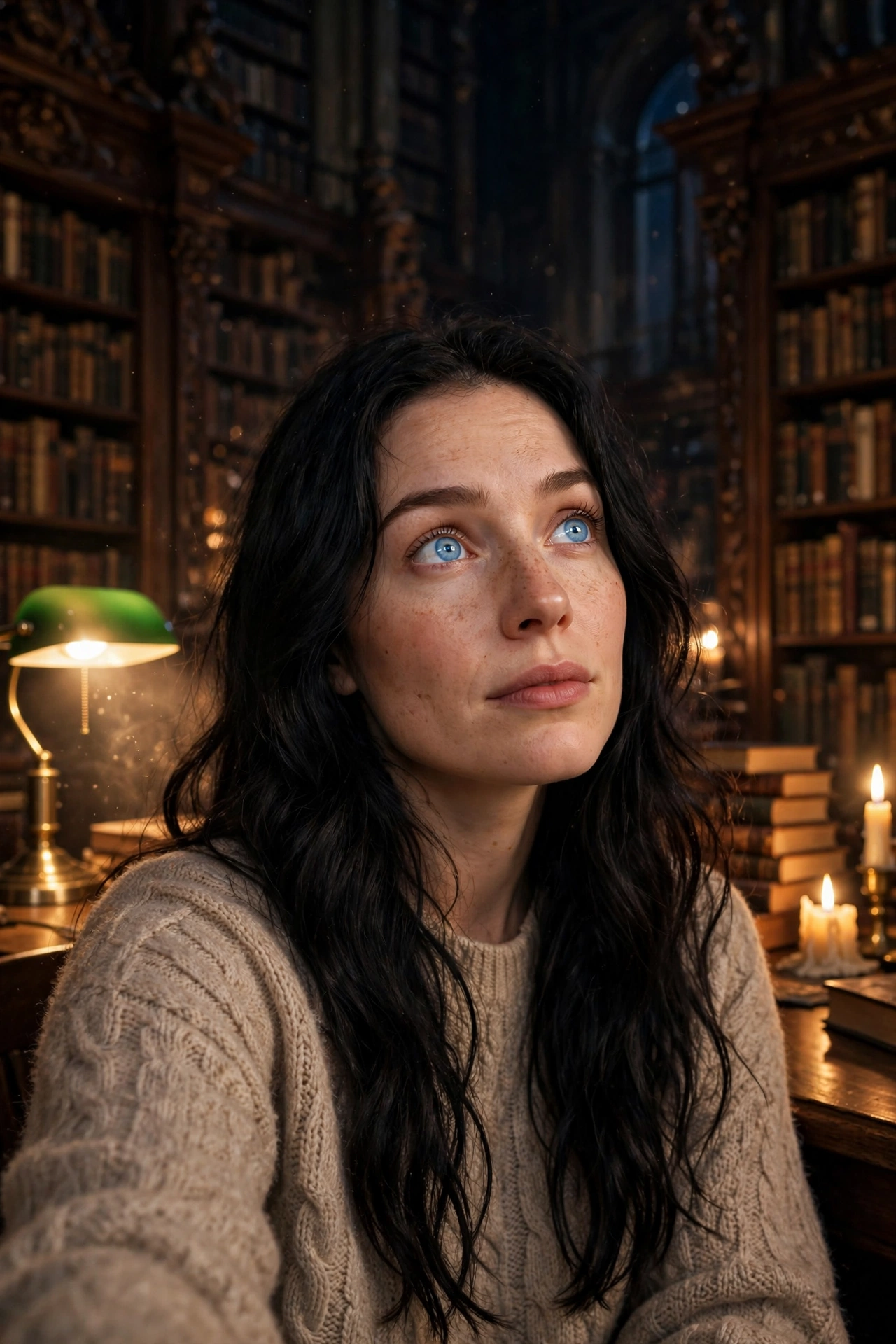 Erica in a candlelit library
