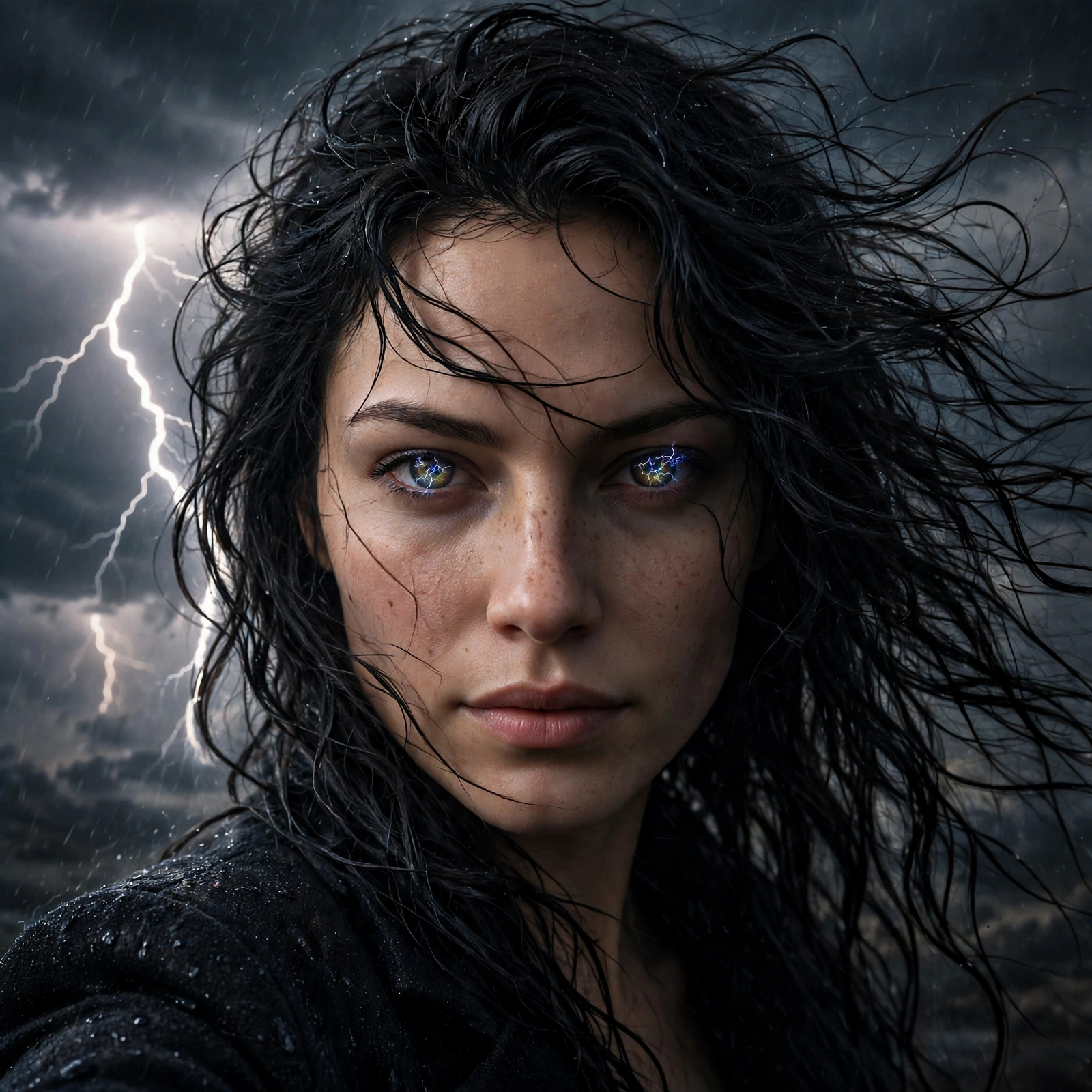 Erica in a thunderstorm with lightning eyes
