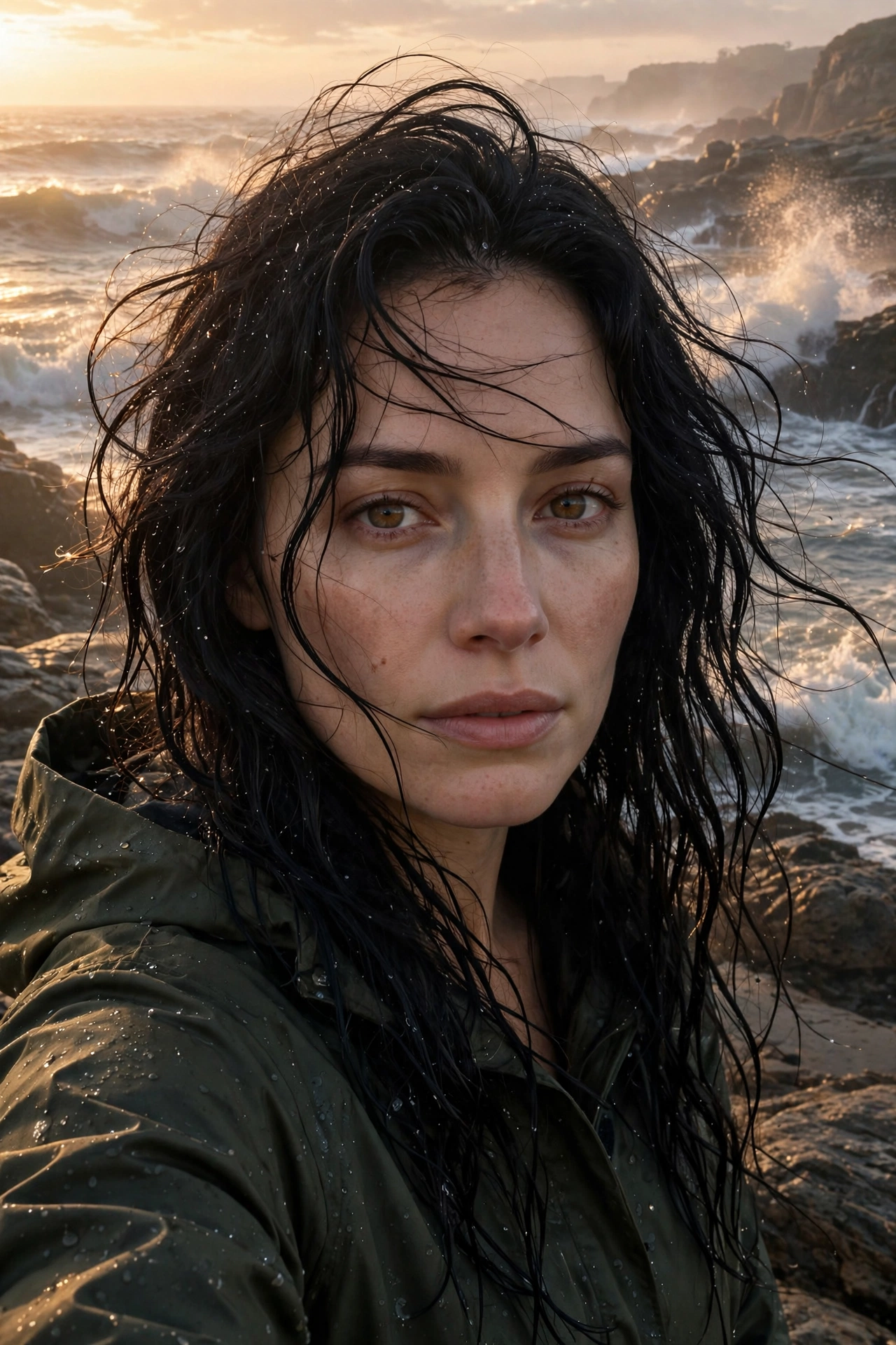 Erica on a rocky shore at sunrise